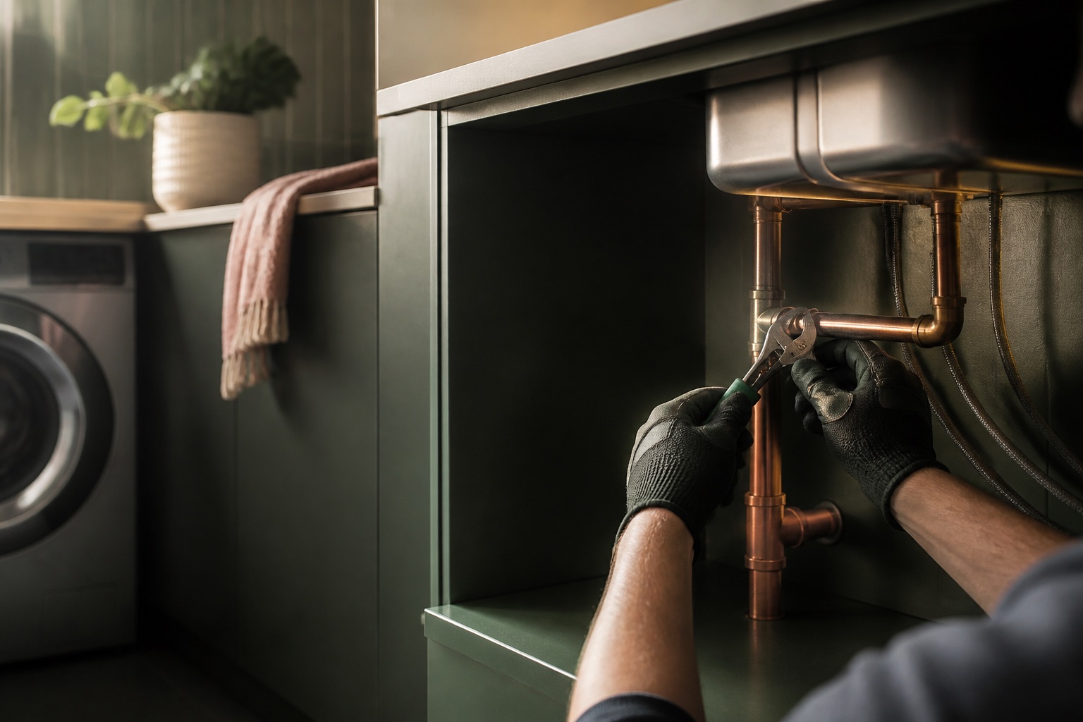 Copper plumbing connections and a gloved hand beneath a sink